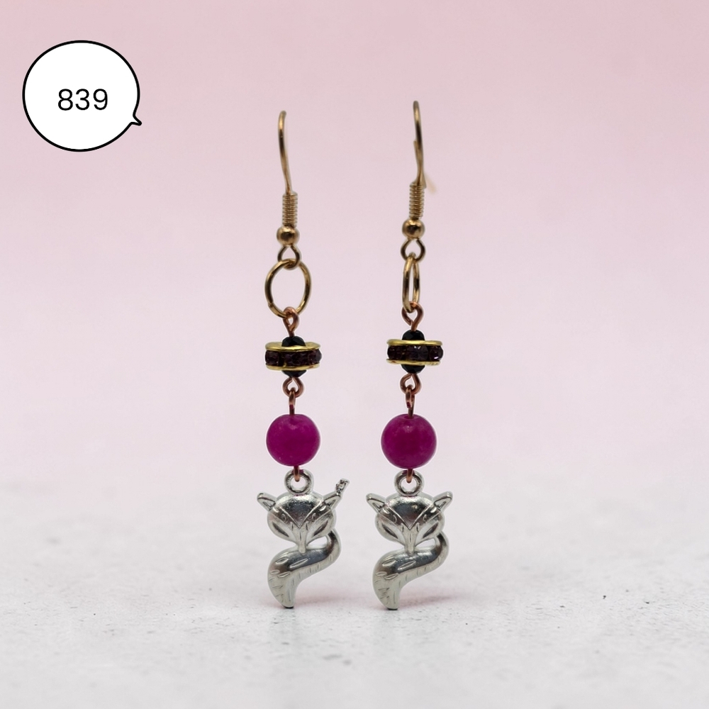 Pink Bead Fox Earrings – Cute Silver Fox Dangle Earrings with Gold Hooks